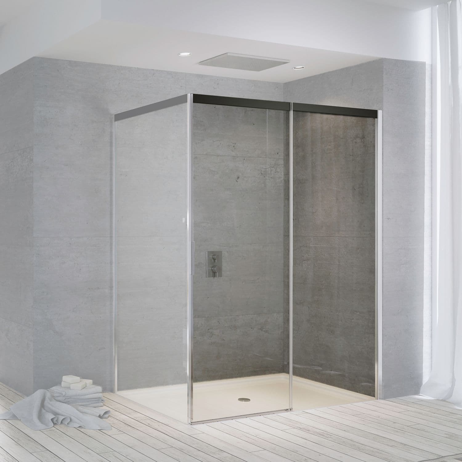 Porte coulissante pour coin suite 1665-1690 H2000 droite nanotec softclose noire-chrome/clair