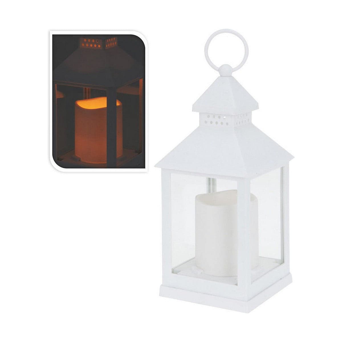 Lantern with LED Candle White Metal