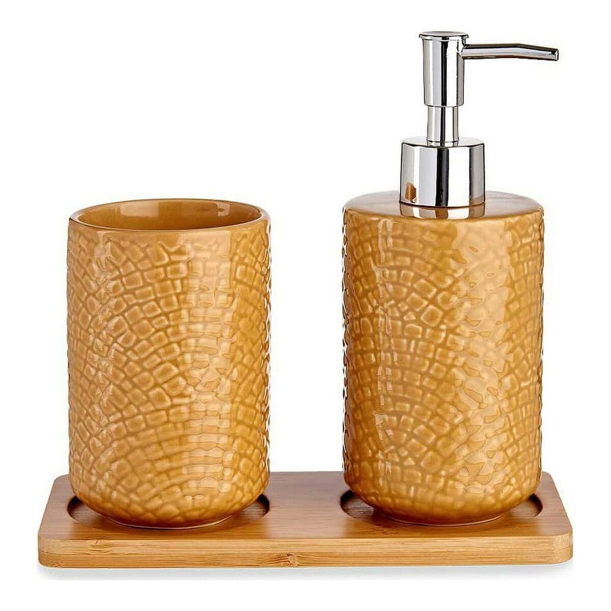 Bath Set Berilo Camel Bamboo Polypropylene ABS Stoneware Squares 9 x 18.5 x 20 cm