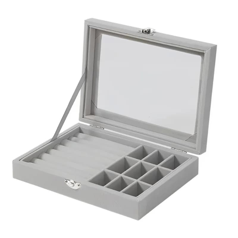 Herzberg HG-05361 Samt-Schmuckkasten mit Glasdeckel (9 Fächer + 7 Ringfächer)