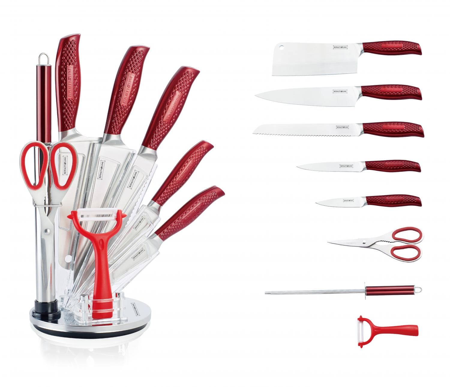 Royalty Line RL-KSS530 9-teiliges Messerset mit Drehständer - Rot