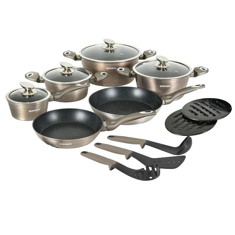 Herzberg HG-METCR15 15 Pieces Marble Coated Cookware Set - Carbon