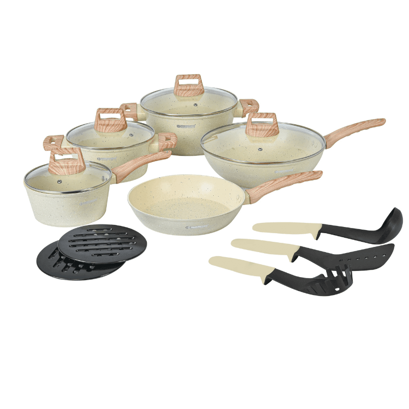 Herzberg HG-WDBEJ14 14-teiliges Granit Kochgeschirr-Set mit Holz-Akzentgriff - Beige