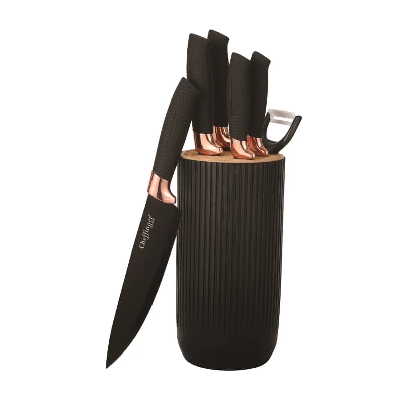 Cheffinger CF-KB01 7-teiliges Messerset - Schwarz mit Roségold