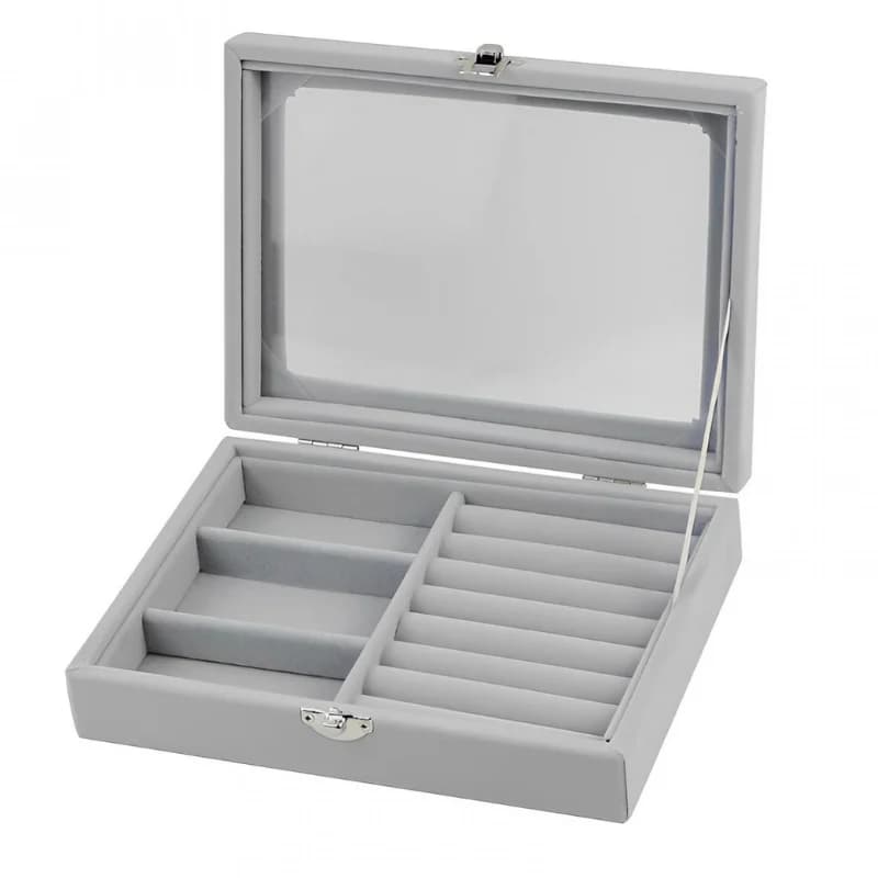 Herzberg HG-05330 Samt-Schmuckkasten mit Glasdeckel (3 Fächer + 7 Ringfächer)