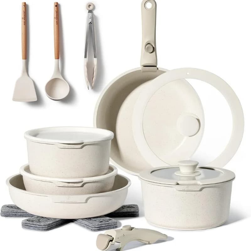 Just Perfecto JL-996 18-Piece Granite Cookware Set with Removable Handle - Beige