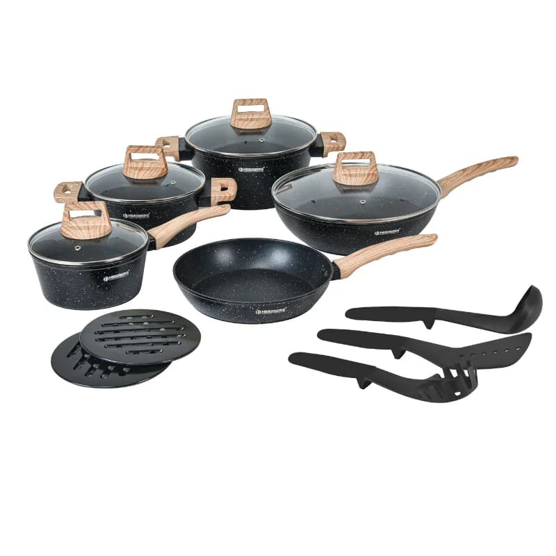 Herzberg HG-WDMRB14 14-teiliges Granit Kochgeschirr-Set mit Holz-Akzentgriff - Schwarz