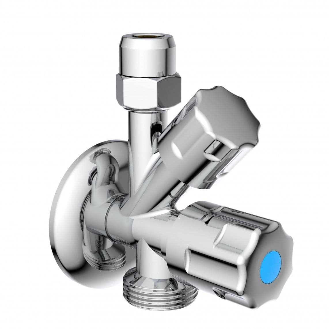 98629510 Additional angle valve, chrome, 1/2" male x 3/4" male x 3/8" male x 10 mmQ, with backflow preventer, with self sealing vue 1