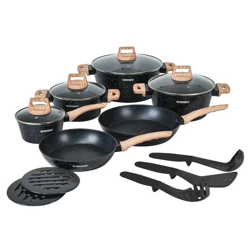 Herzberg HG-WDMRB15 15-Piece Granite Cookware Set with Wood Accent Handle - Black