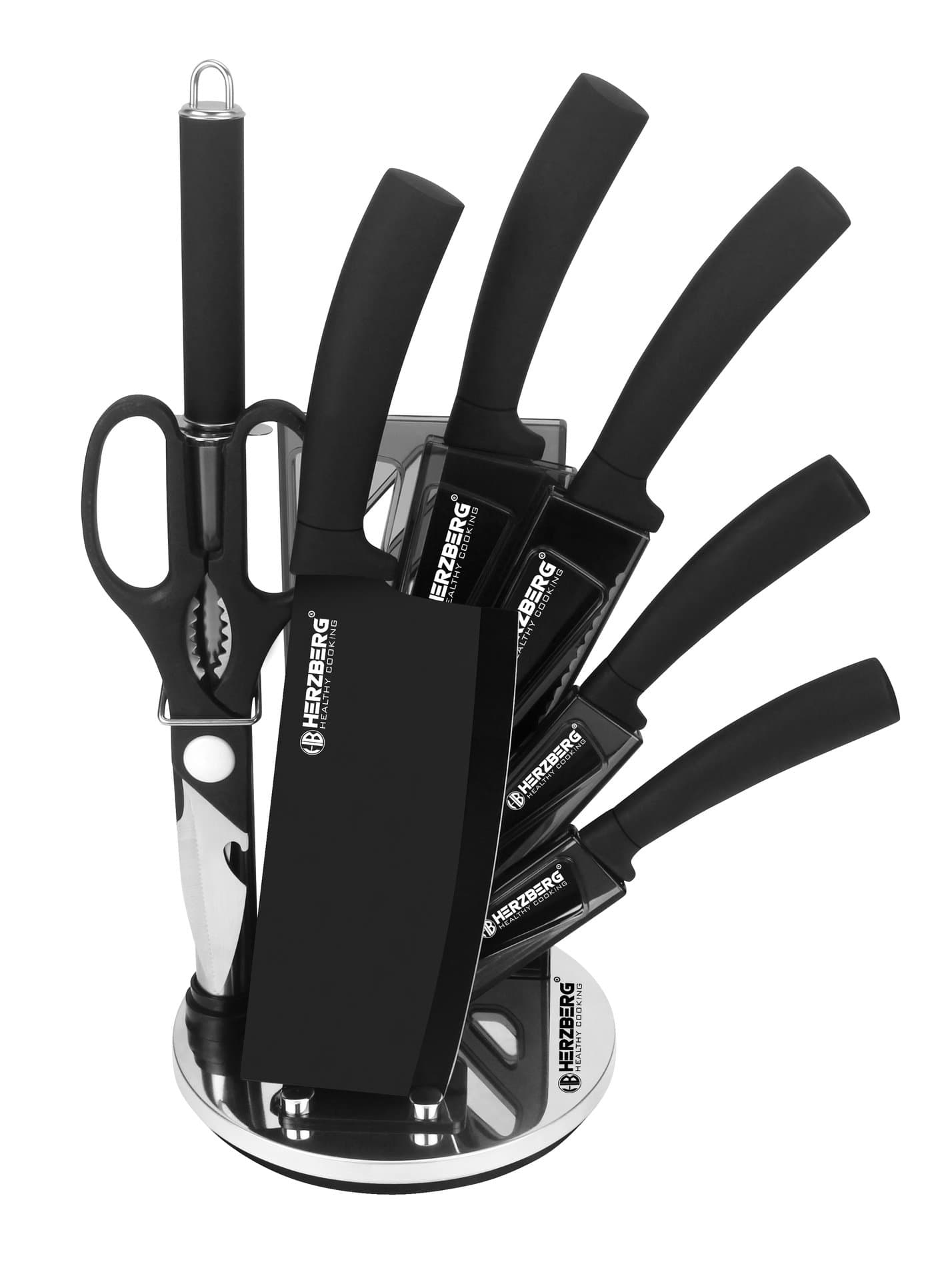 Herzberg HG-MSN8BLK 8-teiliges Edelstahlmesserset mit Antihaftbeschichtung, schwarz