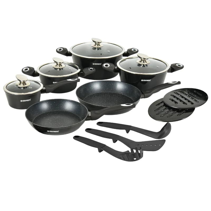 Herzberg HG-METBK15 15 Pieces Marble Coated Cookware Set - Black