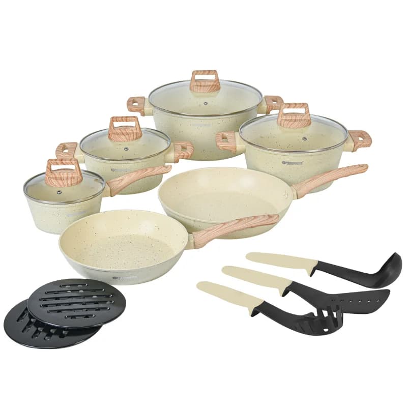 Herzberg HG-WDBEJ15 15-delige Graniet Pannenset met Houtaccent Grepen - Beige