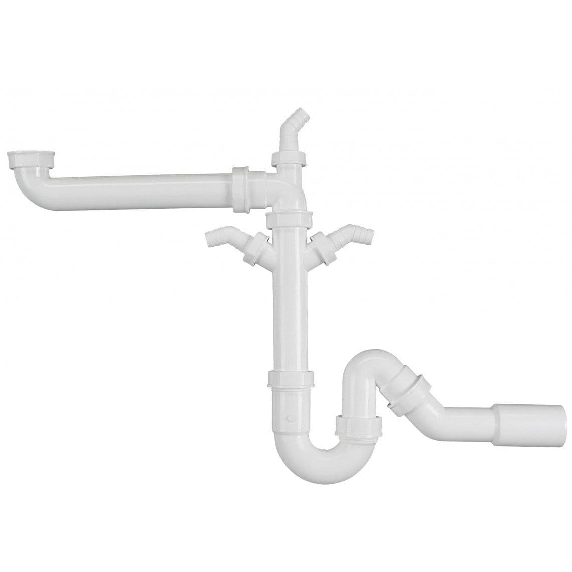 98833748 KS ruimtebesparende buissifon voor spoelbak, wit, 1 1/2"BI x 40/50 mm, met 3x 3/4" toestelaansluiting vue 1