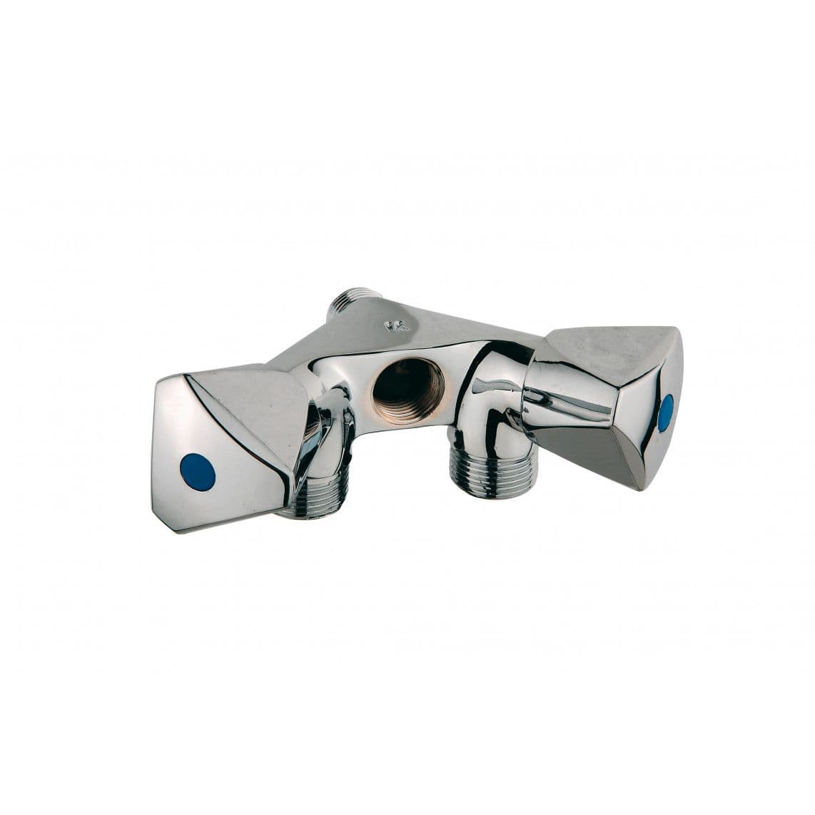 986321113 Double additional wall valve, chrome, 1/2" male x 3/4" male x 1/2" female, with non-return valve vue 1